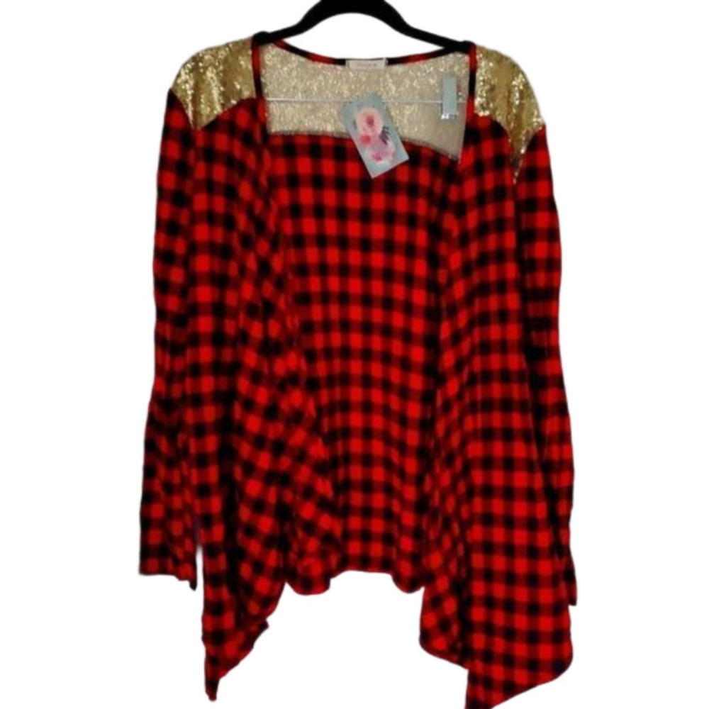 🌼NEW Gorgeous Red/Black Buffalo Plaid Carnigan with Gold Sequins Size Small